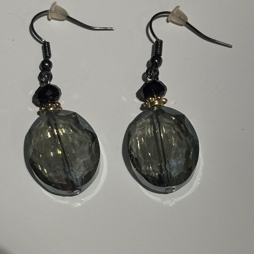 Smoky Crystal Drop Earrings with Black Bead and Gold Accents